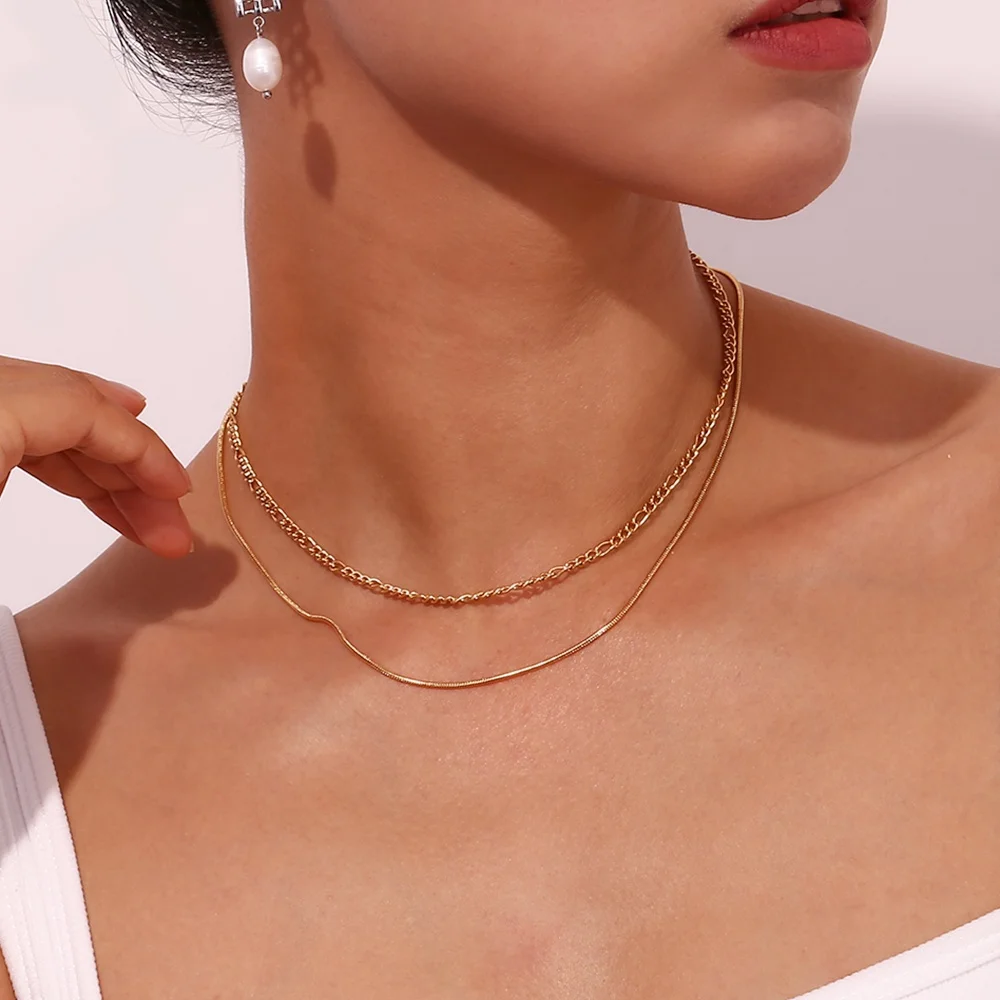 Double Layer Figaro Chain Andsnake Chain Necklace Pvd Gold Plated