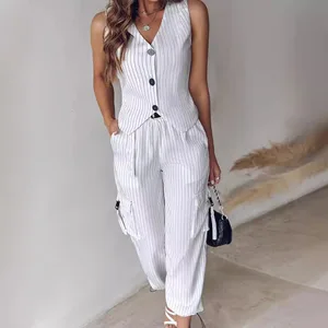 Elegant White Striped Vest Suit for Women Summer Casual V-neck Button Top Pocket Loose Pants Outfits Two-piece Suit for Women