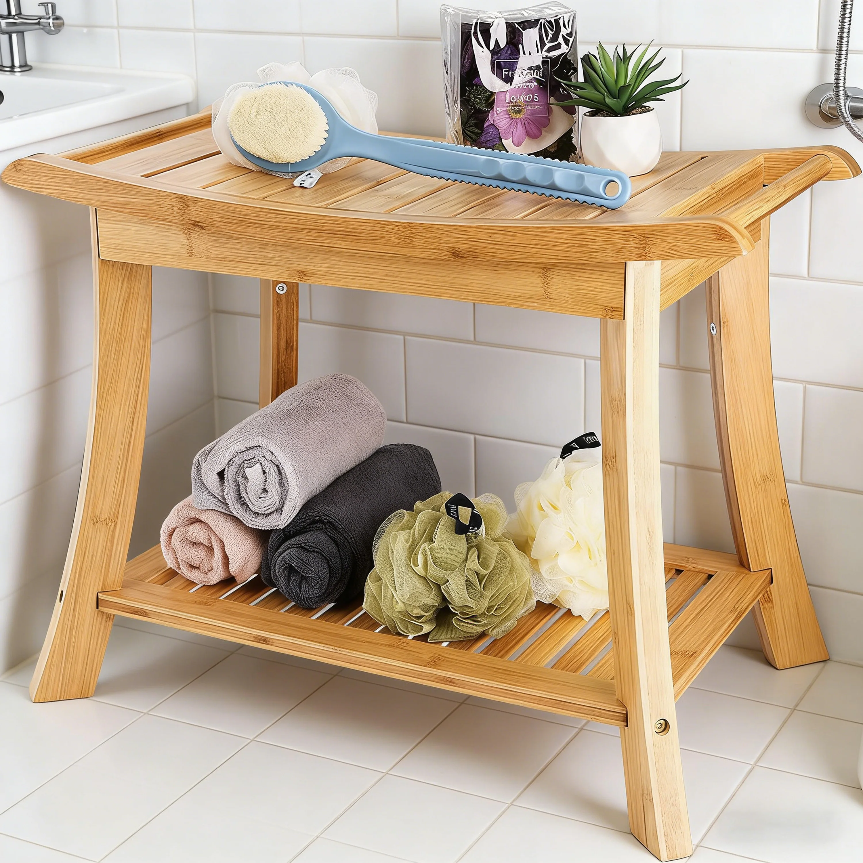 2-Tier Bamboo Corner Shower Bench with Storage Shelf - Waterproof Non-Slip Bathroom Stool for Shaving, Spa & Bath Organizer