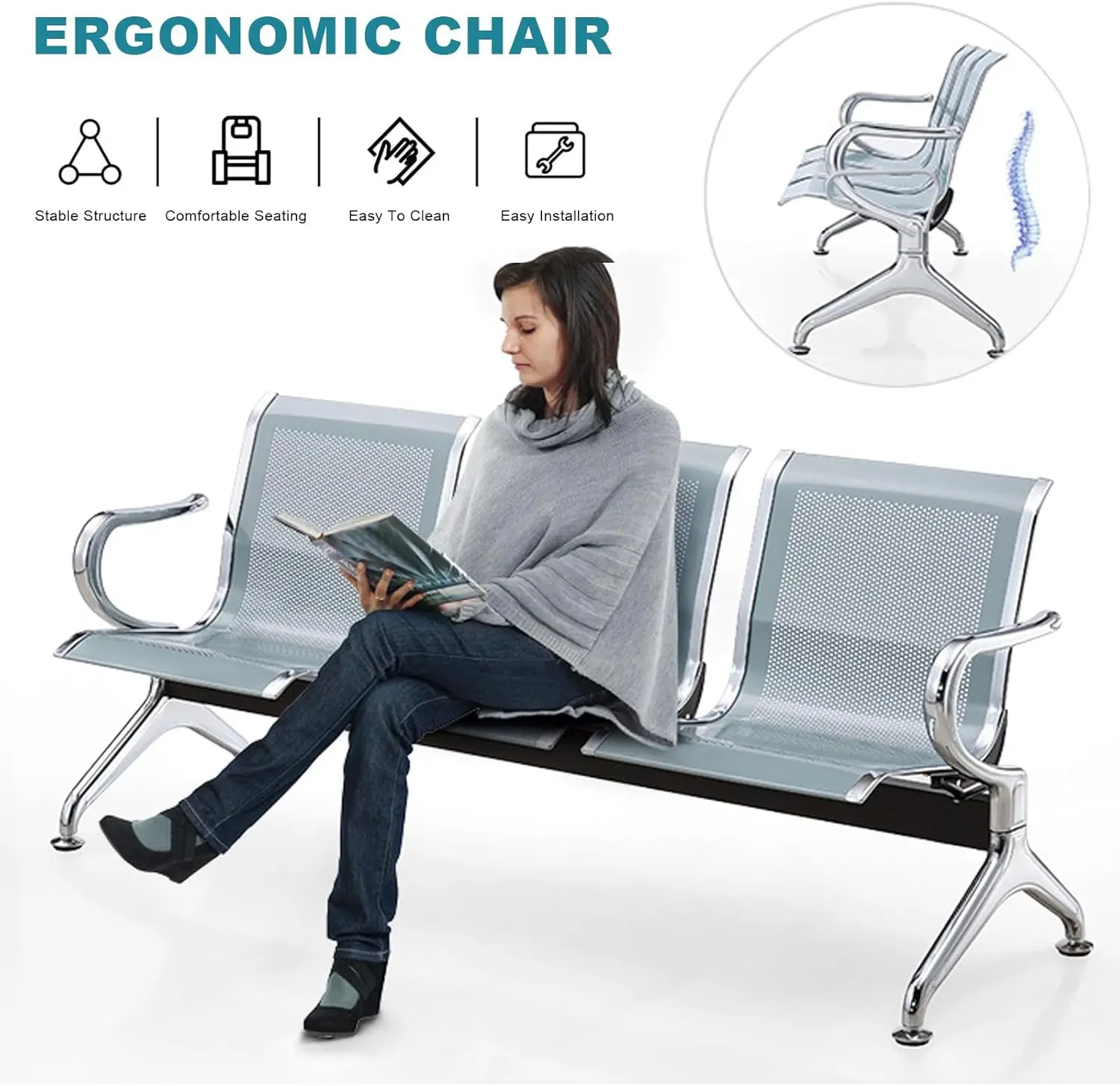 Modern Infusion Chair Arms-1/3/5 Seat Options-Durable Stainless Steel for Hospital Airport Lobby School Gym Use-5-Year Warranty 2