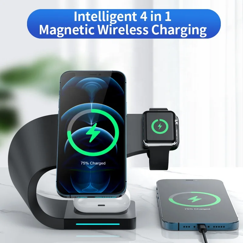 Top Version Minimalism 15W Desktop Fast Wireless Charger 4 in 1 Multifunctional Wireless Charging Station Phone Stand Chargers