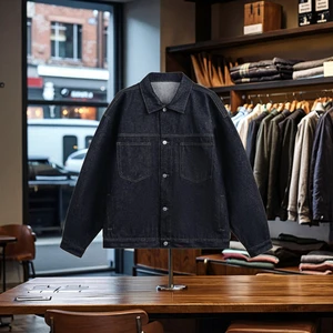 Ming Line Original Men's Vintage Cow Double Pocket Tooling Denim Jacket Breathable 100% Cotton Light Wash Autumn American Retro