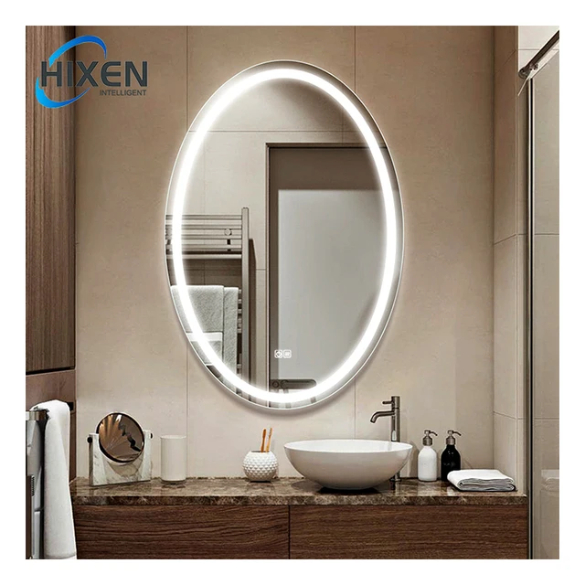 HIXEN frameless anti-fog Bluetooth oval touch screen hotel bathroom led light gym smart mirror