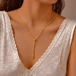 Ins Style Tarnish Free Stainless Steel Adjustable Pendant Necklace 18k Gold Plated Rice Beads Chain Necklaces