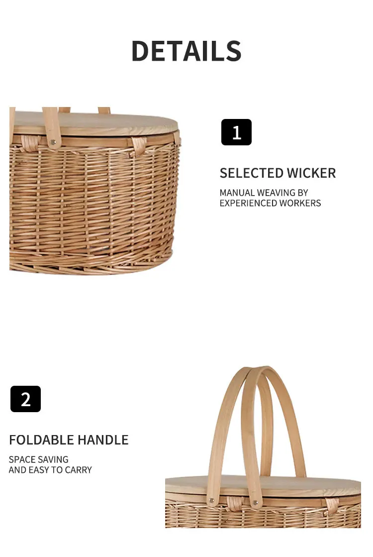 Beach Wicker Rattan Willow Insulated Wooden Lid Wood Cover Picnic Basket With Foldable Picnic