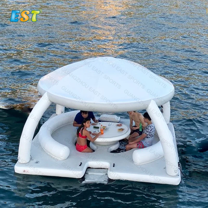 Water Floating Platform Inflatable Floating Sun Deck Party Inflatable Floating Party Platform with Bana Tents