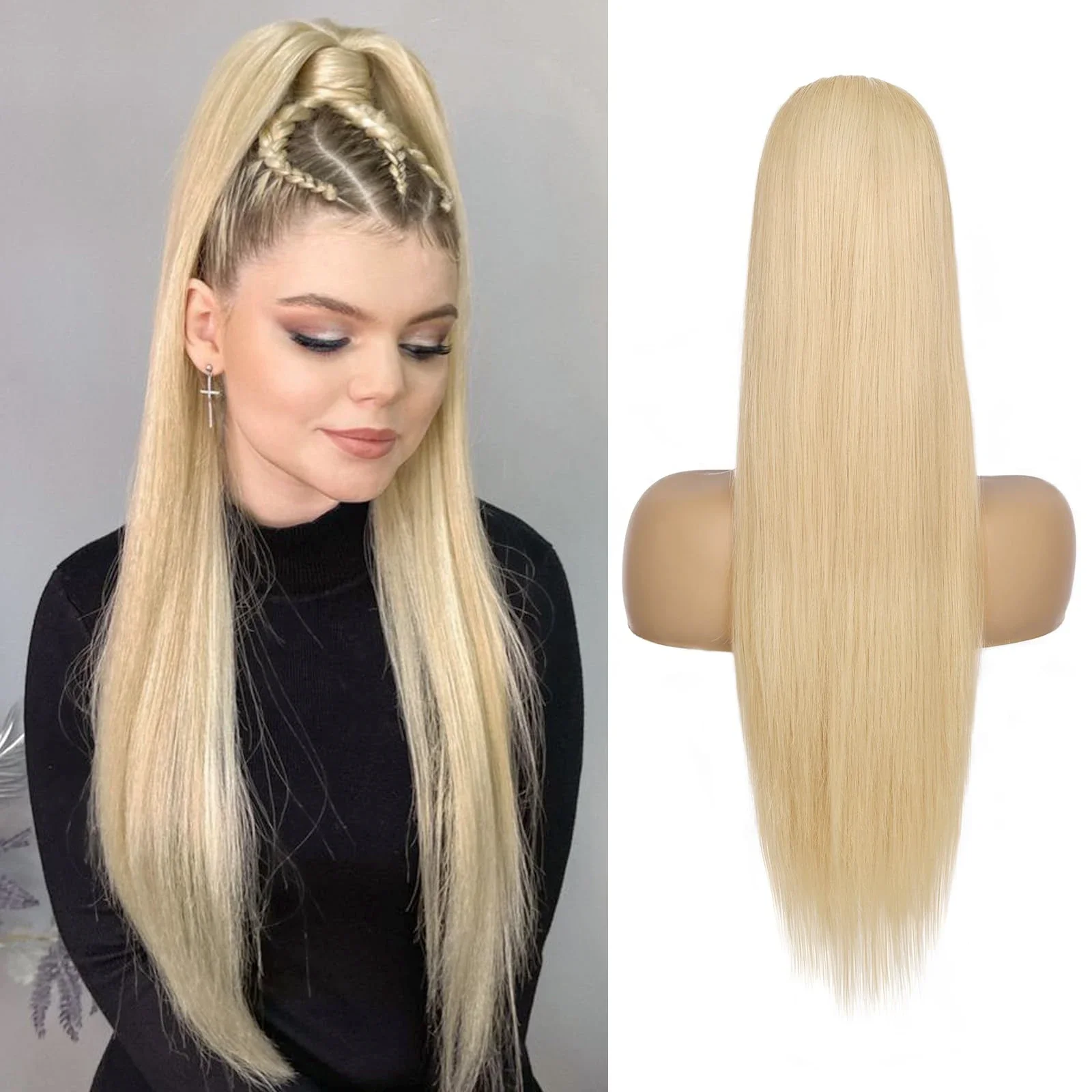 Extensii de păr natural cu coadă de cal, lungi și drepte, 613 blond decolorat, 100% păr uman, pentru femei_voghion.com