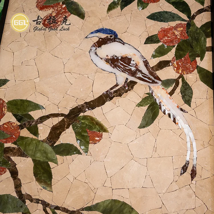 Colourful Handmade Flowers and Bird Marble Artistic Mosaic Painting Mural for Wall