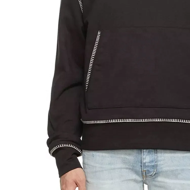 JL1221B Pure Cotton Men Hoodies Pullover French Terry Contrast Stitching in White Rib Cuffs Hem Mens Black Hoodies