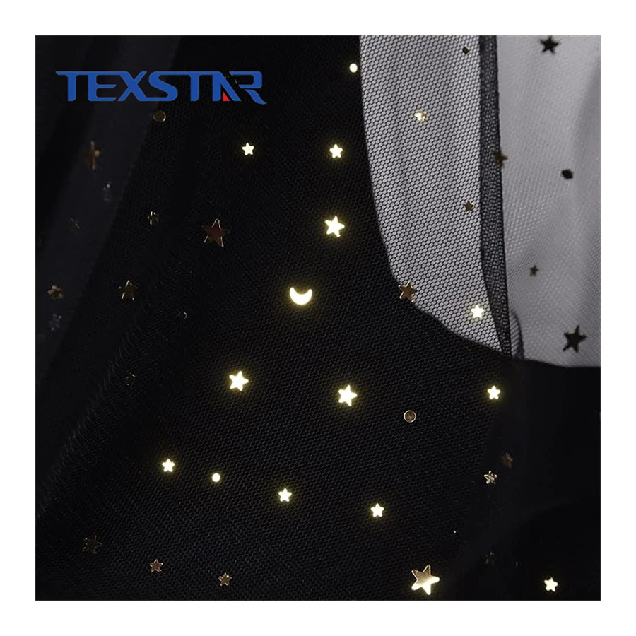 100% Polyester Star Tulle Black with Gold Moon Mesh Fabric for Tutu Skirt