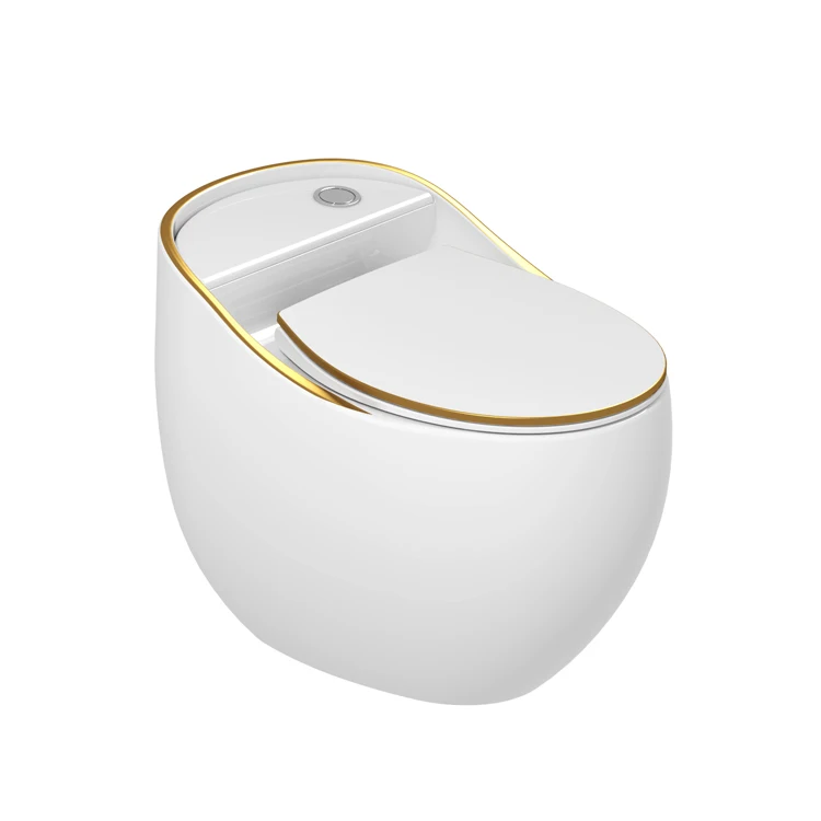 Modern hotel bathroom sanitary ware floor mounted round s trap one piece ceramic color egg shape toilet bowl with gold line details