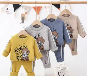 0-2Yrs Autumn 2023 babys cotton bear letter knit cotton suit  infants toddlers girls sweater pants two-piece set