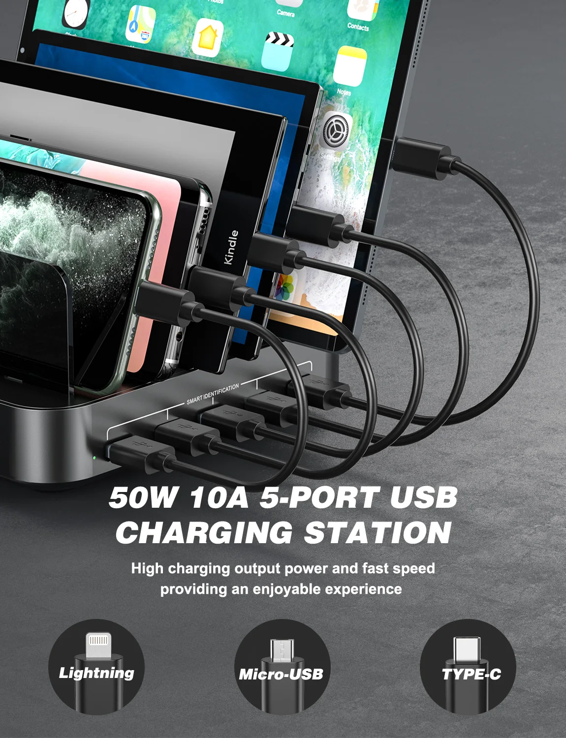 Мощные 5 USB-портов с 8 короткими смешанными кабелями, часы и подставка под Airpod в комплекте с несколькими устройствами, 50 Вт, зарядная станция