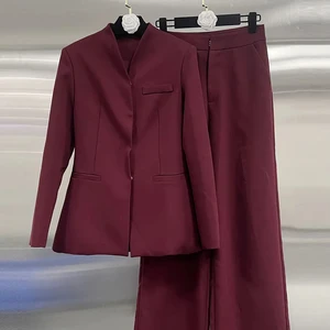 Fashion Luxury Angora Red Elegant Women's Suit 2024 Winter New Tight Simple Women's Coat High Waist Straight Trousers