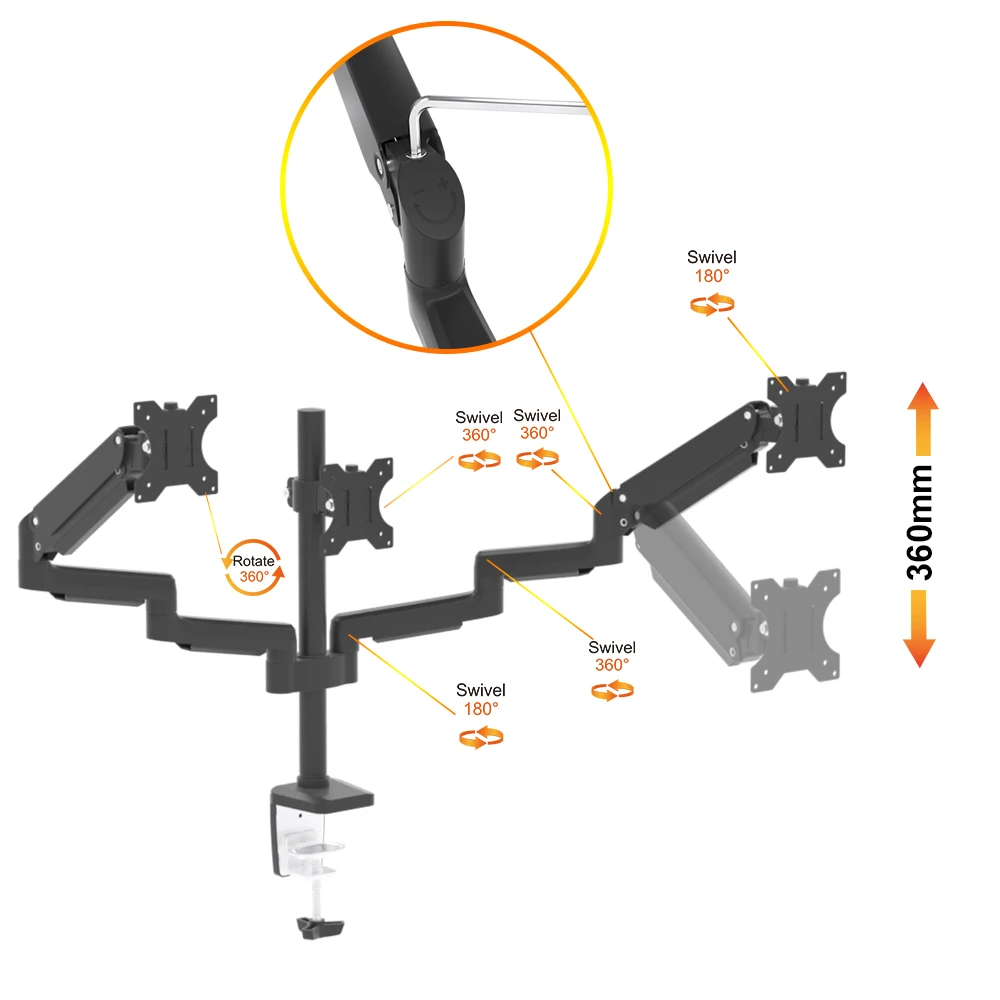 CHARMOUNT Height Adjustable Triple Monitor Arm 3 Three Extended Monitor Stands Desk Mounts
