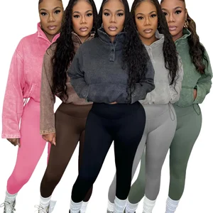 Winter New Arrivals Women Casual Solid Long Sleeve Stand Collar Knitting Short Crop Pants Two Piece Eco-Friendly Tracksuit