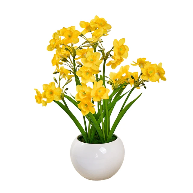 Props artificial silk flowers artificial narcissus plants with Large ceramic white pot