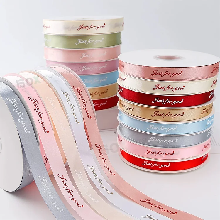 Customized Bow Pattern Polyester Ribbon Rolls Shiny Silk Satin Fabric for Christmas Gift Wrap Decorations Boxes Printed Logo