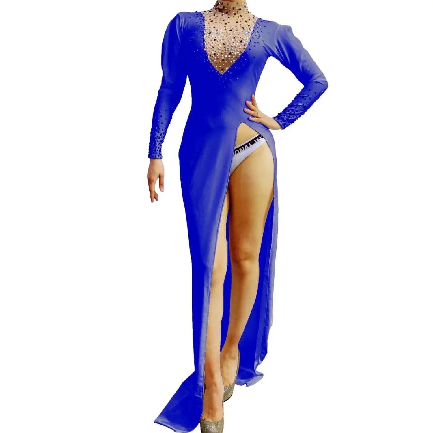 Sexy High Slit Rhinestone Long Prom Dress Women Stage Exotic Stripper Dancer Wear Festival Outfit Lady Night Club Party Dress Sexy High Slit Rhinestone Long Prom Dress Women Stage Exotic Stripper Dancer Wear Festival Outfit Lady Night Club Party Dress