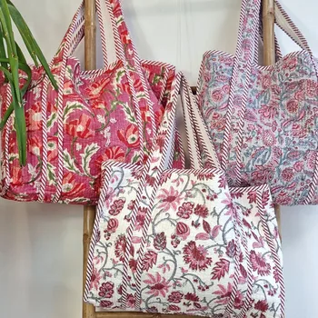 Customized Quilted Cotton Handprint Reversible Large Pink White Grey Floral Tote Bag