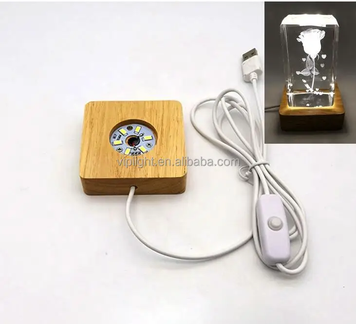 LED Wood Light Display Base for Crystal Glass Resin Art Wooden Lamp Stand Square Lighted Base 3D Acrylic Crystal Sphere Holder
