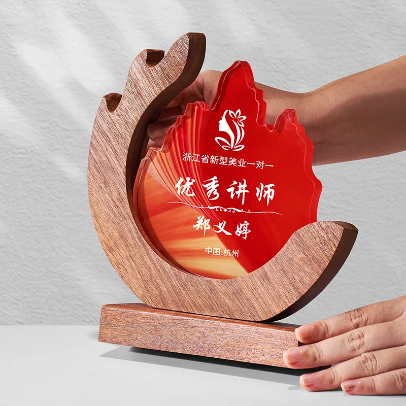 product new arrival custom champions medal k9 blank crystal glass on wooden trophy awards with wood base small bridge design-8