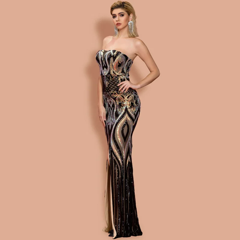 Strapless backless gold sequin gown with slit – NOVANCE evening dress for women