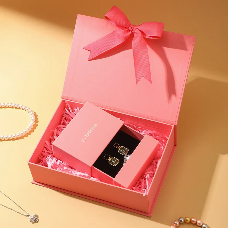High-End Custom Logo Pink Magnetic Square Flip-Top Jewelry Gift Box Double-Layered Drawers for Rings Necklaces supplier