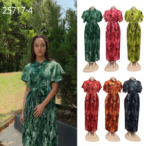 Wholesale New Women's Printed Short Sleeve Elegant Lapel Pleated Vintage A- Line Dress