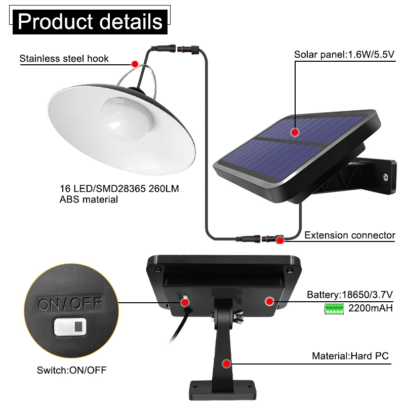 New Arrival 260lm 2200mAh Solar Work Light LED Solar Shed Light Pendant Lamp for Camping Yard