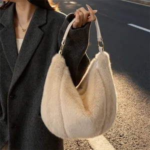 Soft Faux Fur Hobo Bag for Women Winter Warm Plush Shoulder Handbag Casual Daily Use 2026