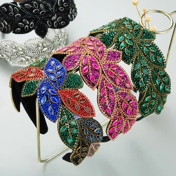 Baroque retro wide-brimmed  hair accessories leaf shape rhinestone rice beads high-end headband