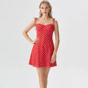 Red Chiffon Mini Dress with Polka Dot Print Thin Spaghetti Straps Bow Tie Detail Natural Waistline Washable Woven Fabric