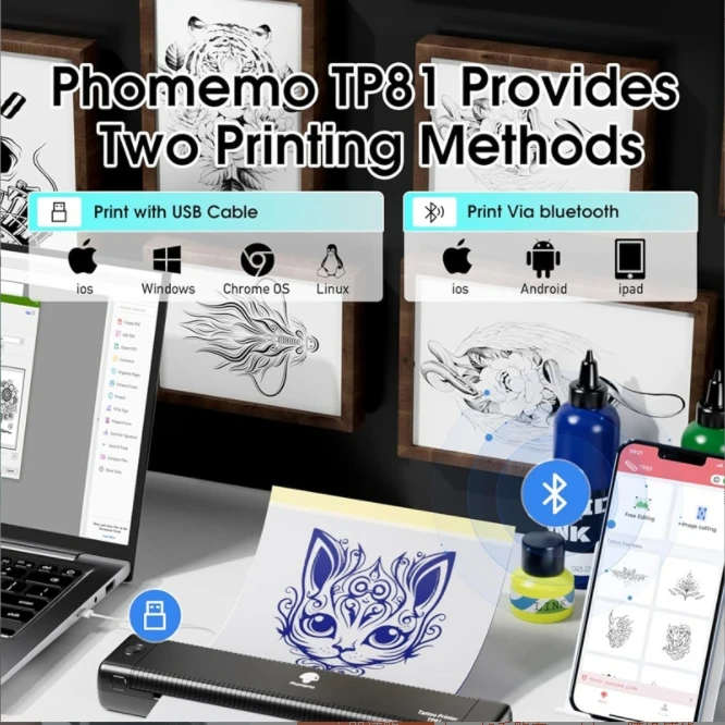 Phomemo TP81 Wireless Tattoo Template Printer Thermal Stencil Machine Portable Rechargeable Tattoo Transfer Stencil Printer