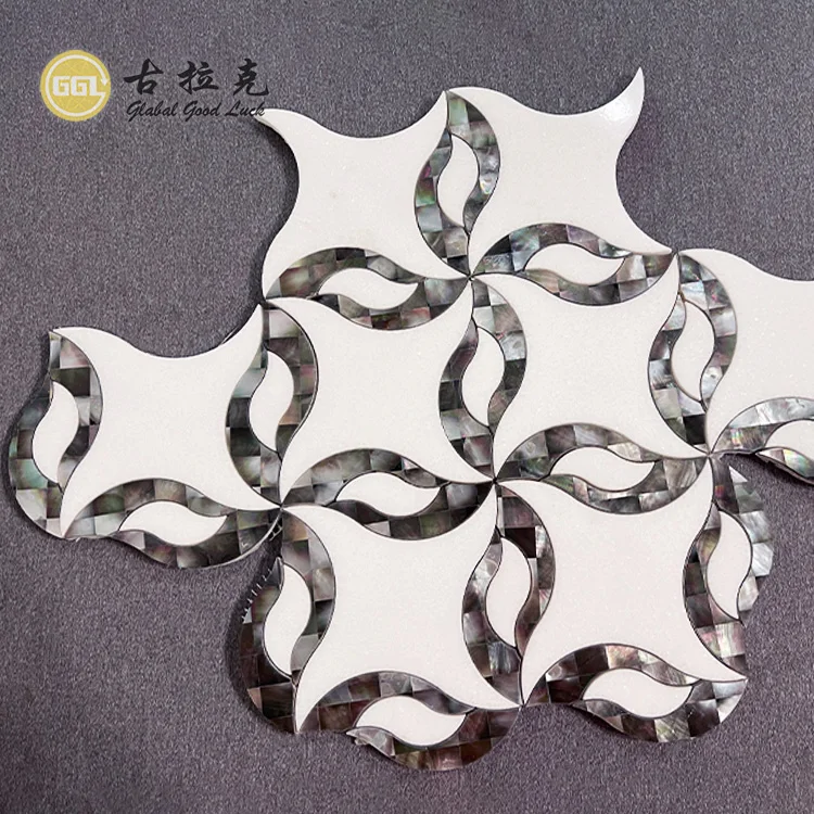 Black Lip Shell Mix White Marble Waterjet Mosaic Tiles Bathroom Wall Mosaic supplier