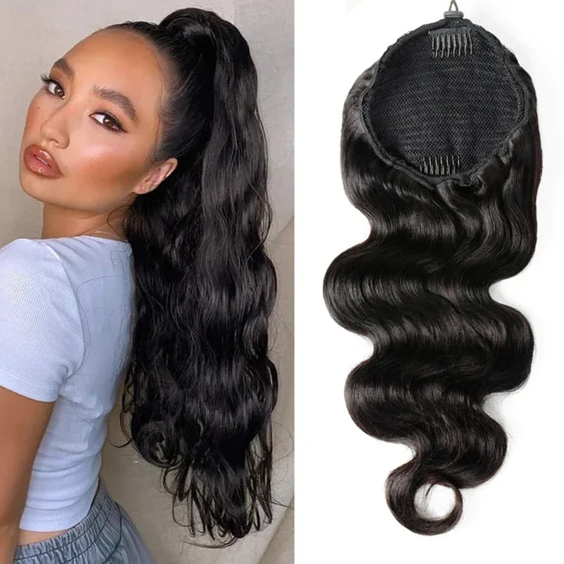 Körperwelle Pferdeschwanz Echthaar Extensions Natürliche Farbe Kordelzug Clip In Haar Brasilianische Remy Frauen_voghion.com