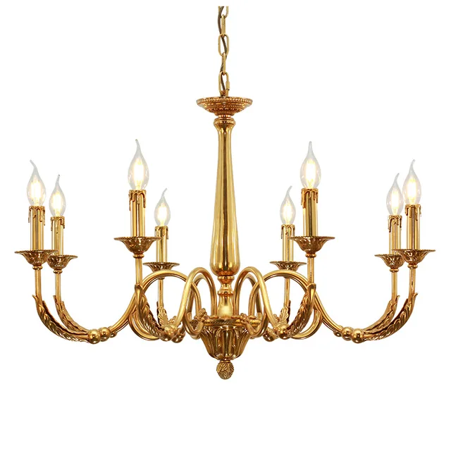 French Simple Vintage Villa Decor Brass Pendant Lamp European Design Gold Arm Candle Luxury Copper Chandelier Lighting Fixture