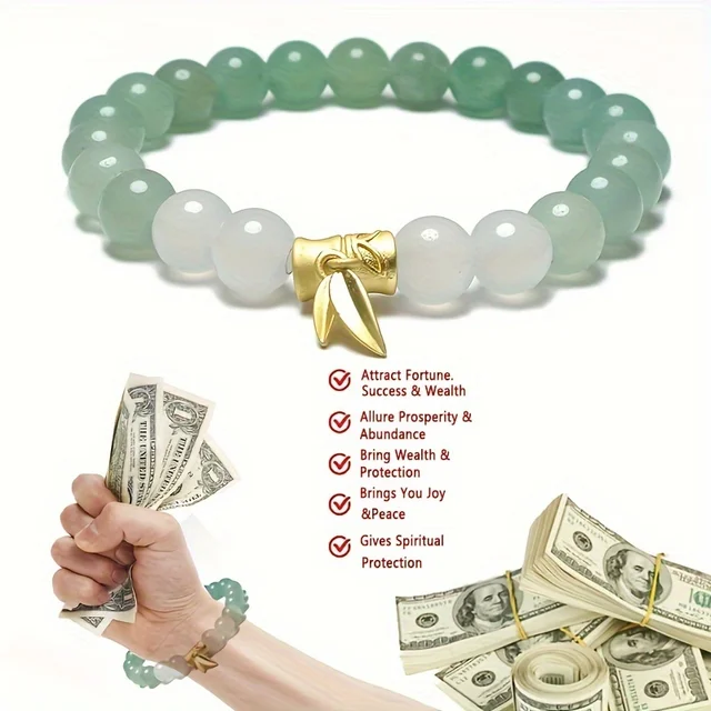 Adjustable Wealth Amulet Good Luck Crystal Bracelet Natural Jade Green Gradient Bead Gold Bamboo Charm Bracelet