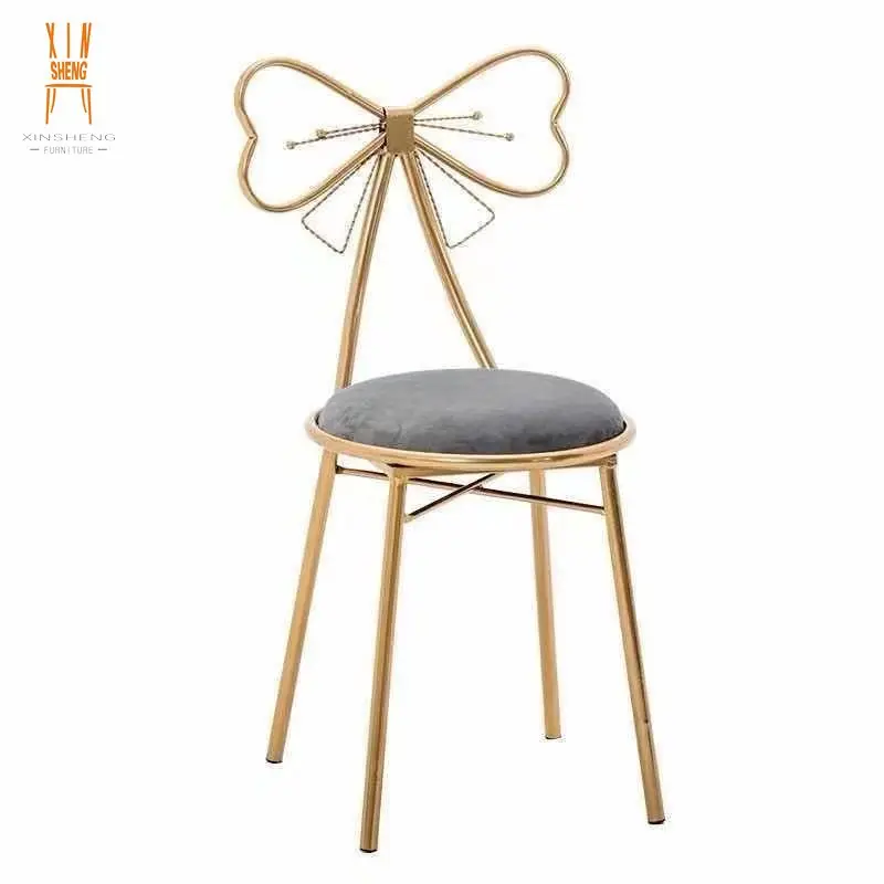 Party Pink Velvet Gold Metal Bow Shape Back Kid Chairs