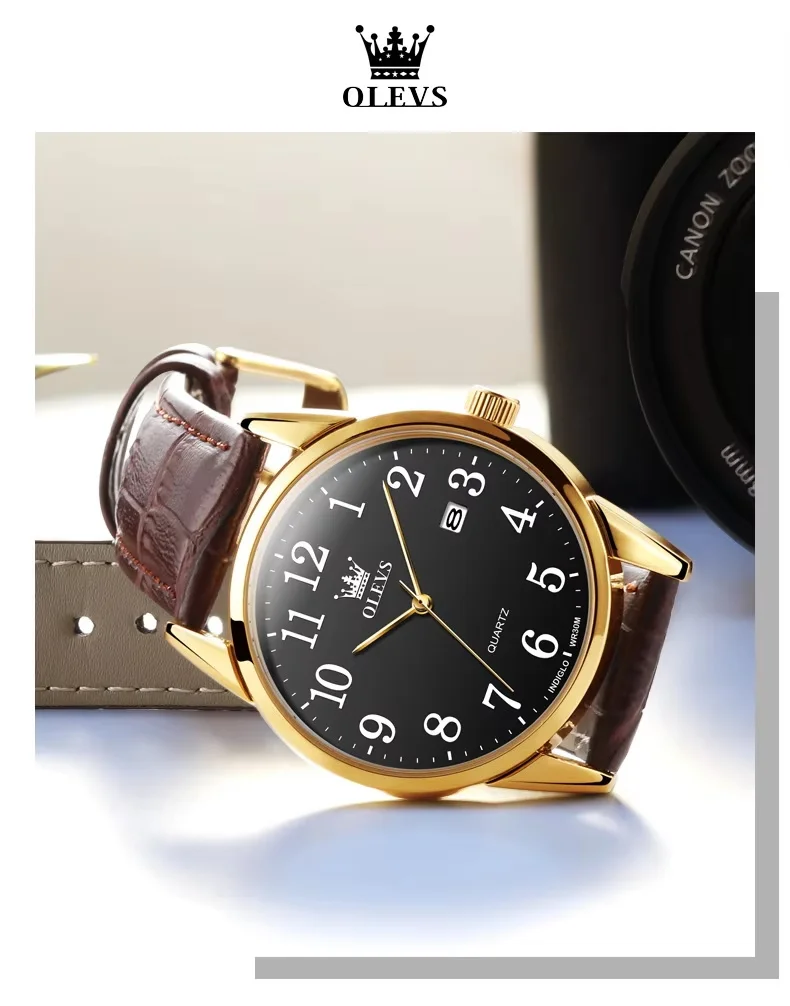 Fashion Brand OLEVS Watch 5566 Popular Sports Men's Watch Quartz Movement Date Leather Band 30M Waterproof Watch