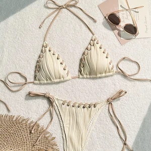 Women's Sexy Solid Color Bikini Set Adjustable Tie Straps Sliding Triangle Cups with Metal Ring Details 2-Piece Swimsuit