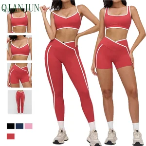 Wholesale Women High Quality Quick Dry Sportswear Gym Yoga Set Square Neckline Contrast Color Running Fitness Sports Suit