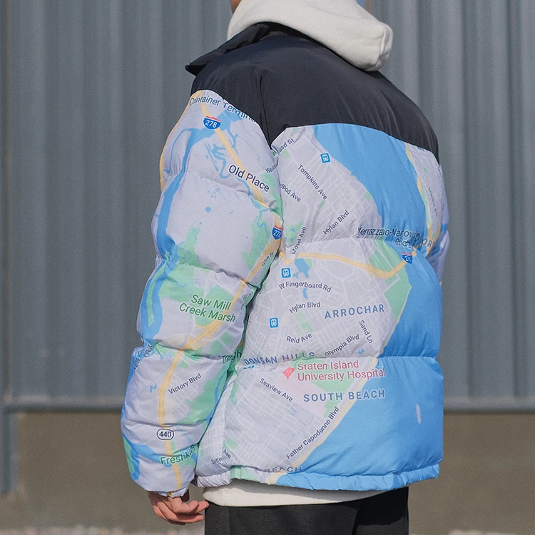 Custom All Over Printing Patchwork Stand Collar Ready Slim Fit Unisex Windbreaker Couple College Puffer Winter Jacket For Men