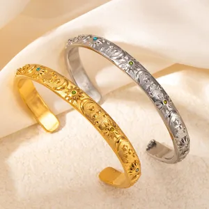 MW French Royal Stainless Steel 18K Gold Plated Embossed Star Moon Color Zircon Opening Women Bangle Bracelets