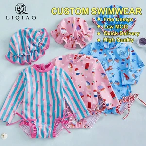 LIQIAO Custom Kids Long-Sleeve Swimwear Set with Hat Children Printed UV Protection Swimsuit Free Design Low MOQ