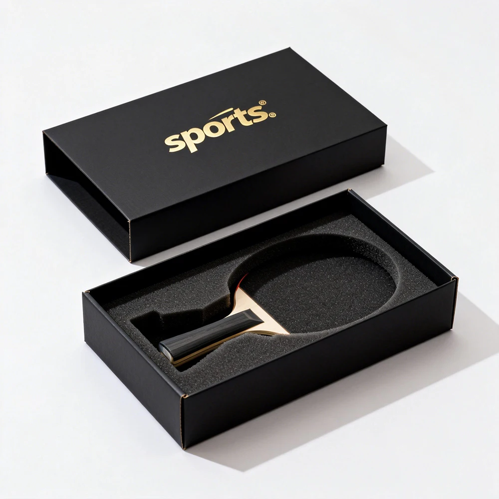 Custom logo Foil Stamping Official Size Table Tennis Paddle Packaging Lid and Base Black Luxury Racket Paper Box with Foam