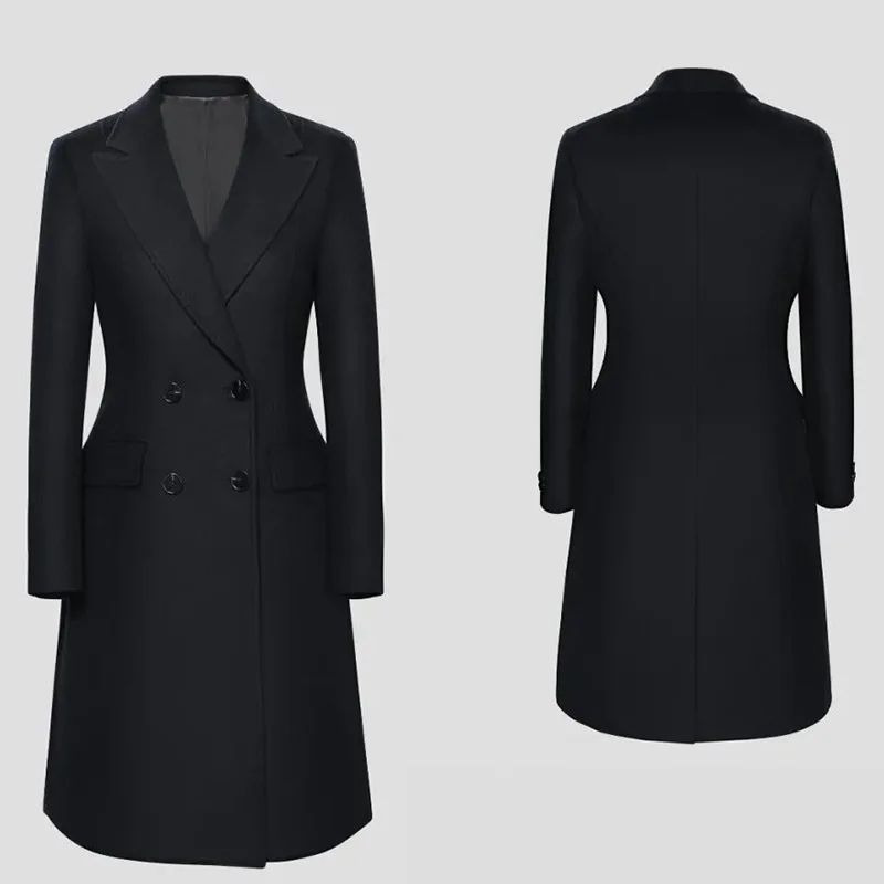 Alta qualidade nova moda inverno sólido 55% lã 45% poliéster feminino quente casacos casuais longo duplo breasted fino ajuste trench coat