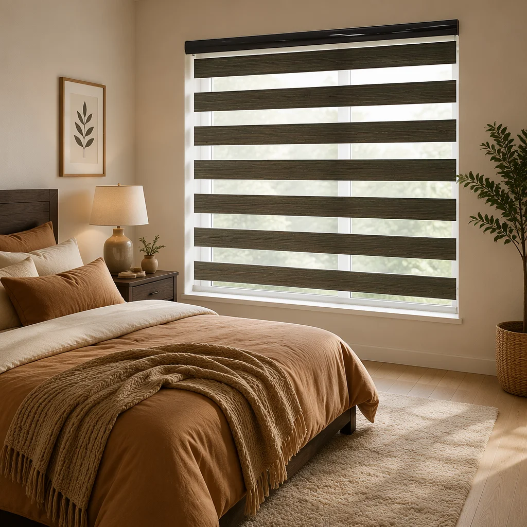 Cordless Zebra Shades Child Safe No Chain Dual Layer Fabric Dark Brown Sheer Blackout Custom Size Built-In UV Protection Bedroom