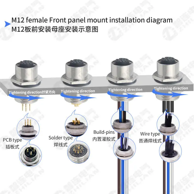 M12 Wire Connector Panel Mount with Solder Cup Female Male Wire to Board Connector 2P 3P 4P 5P 6P 8P 12P 17P