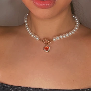 Vintage Pearl Necklace For Women Retro Red Crystal Heart Pendant Pearl Choker Necklaces Gifts Jewelry